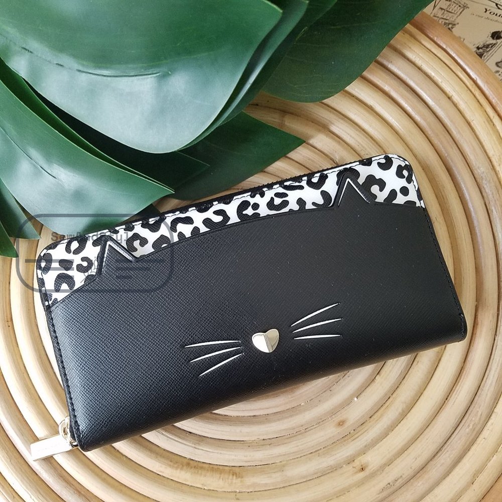 Kate Spade NWT Meow Cat Large Continental Wallet in Black Leather White